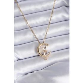 Clariss 316L Çelik Gold Renk Hilal Kedi Model Zirkon Taşlı Detay Kadın Kolye