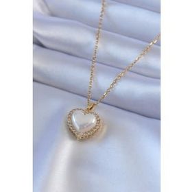 Clariss 316L Çelik Gold Renk İncili Kalp Model Zirkon Taşlı Kadın Kolye