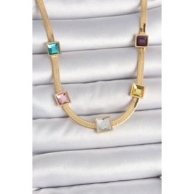Clariss 316L Çelik Gold Renk İtalyan Zincir Model Kare Renkli Zirkon Taşlı Kadın Kolye