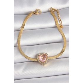 Clariss 316L Çelik Gold Renk İtalyan Zincir Pembe Zirkon Taşlı Kalp Model Kadın Bileklik