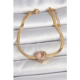 Clariss 316L Çelik Gold Renk İtalyan Zincir Pembe Zirkon Taşlı Kalp Model Kadın Bileklik