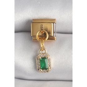 Clariss 316L Çelik Gold Renk Sallantı Kare Yeşil Zirkon Taşlı Nomination Charm