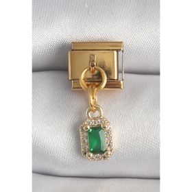 Clariss 316L Çelik Gold Renk Sallantı Kare Yeşil Zirkon Taşlı Nomination Charm