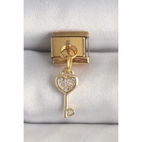 Clariss 316L Çelik Gold Renk Sallantı Zirkon Taşlı Kalpli Anahtar Model Nomination Charm