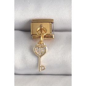 Clariss 316L Çelik Gold Renk Sallantı Zirkon Taşlı Kalpli Anahtar Model Nomination Charm