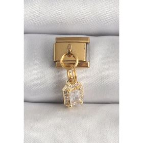 Clariss 316L Çelik Gold Renk Sallantı Zirkon Taşlı Kare Model Nomination Charm
