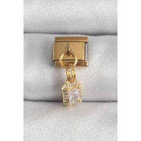 Clariss 316L Çelik Gold Renk Sallantı Zirkon Taşlı Kare Model Nomination Charm