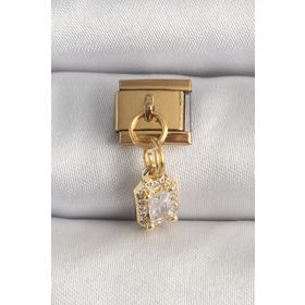 Clariss 316L Çelik Gold Renk Sallantı Zirkon Taşlı Kare Model Nomination Charm