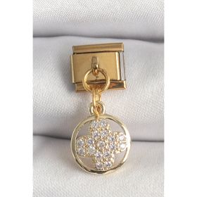 Clariss 316L Çelik Gold Renk Sallantı Zirkon Taşlı Yonca Model Nomination Charm