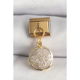 Clariss 316L Çelik Gold Renk Sallantı Zirkon Taşlı Yonca Model Nomination Charm