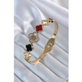Clariss 316L Çelik Gold Renk Siyah Beyaz Yonca Model Zirkon Taşlı Kadın Kelepçe