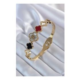 Clariss 316L Çelik Gold Renk Siyah Beyaz Yonca Model Zirkon Taşlı Kadın Kelepçe