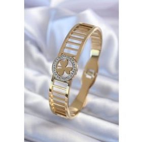 Clariss 316L Çelik Gold Renk Siyah Beyaz Yonca Model Zirkon Taşlı Kadın Kelepçe