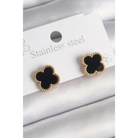 Clariss 316L Çelik Gold Renk Siyah Yonca Model Kadın Küpe