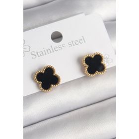 Clariss 316L Çelik Gold Renk Siyah Yonca Model Kadın Küpe