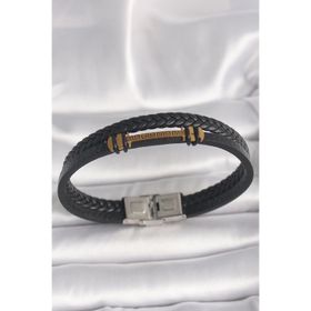 Clariss 316L Çelik Gold Renk ZikZak İşlemeli Aksesuarlı Çift Sıra Burgu Desenli Deri Kordon Erkek Bileklik