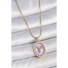 Clariss 316L Çelik Gold Renk Zincir Mor Mineli İncili Zirkon Taşlı Çiçek İşlemeli Portre Model Kadın Kolye