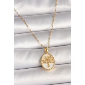Clariss 316L Çelik Gold Renk Zincir Zirkon Taş Detaylı Beyaz Mineli Ağaç İşlemeli Portre Model Kadın Kolye