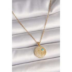 Clariss 316L Çelik Gold Renk Zincir Zirkon Taş İşlemeli Mavi Taş Detaylı Madalyon Model Kadın Kolye