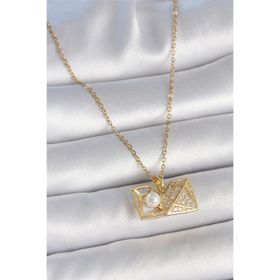 Clariss 316L Çelik Gold Renk Zincir Zirkon Taşlı Açılır İncili Elmas Model Kadın Kolye