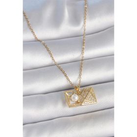 Clariss 316L Çelik Gold Renk Zincir Zirkon Taşlı Açılır İncili Elmas Model Kadın Kolye
