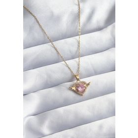 Clariss 316L Çelik Gold Renk Zincir Zirkon Taşlı Kalp Model Pembe Zirkon Taş Detay Kadın Kolye