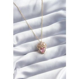 Clariss 316L Çelik Gold Renk Zincir Zirkon Taşlı Kalp Model Pembe Zirkon Taş Detay Kadın Kolye
