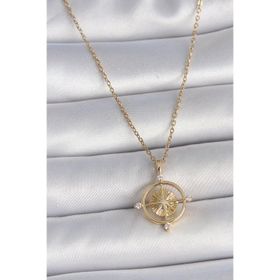 Clariss 316L Çelik Gold Renk Zincir Zirkon Taşlı Pusula Model Kadın Kolye
