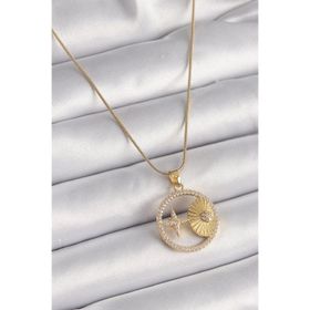 Clariss 316L Çelik Gold Renk Zincir Zirkon Taşlı Yıldız İşleme Madalyon Model Kadın Kolye