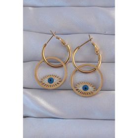 Clariss 316L Çelik Gold Renk Zirkon Taşlı Mavi Göz Tasarımlı Halka Küpe