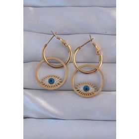 Clariss 316L Çelik Gold Renk Zirkon Taşlı Mavi Göz Tasarımlı Halka Küpe