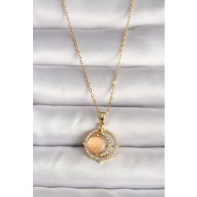 Clariss 316L Çelik Gold Renk Zirkon Taşlı Turuncu Sedefli Hilal Model Kadın Kolye