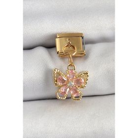 Clariss 316L Çelik Sallantılı Zirkon Taşlı Çiçek Figürlü Kelebek Model Gold Renk Nomination Charm
