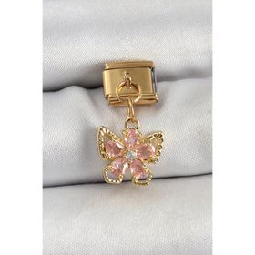 Clariss 316L Çelik Sallantılı Zirkon Taşlı Çiçek Figürlü Kelebek Model Gold Renk Nomination Charm