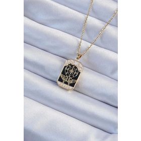 Clariss 316L Çelik Zincir Altın Renk İşlemeli Siyah Mineli Tarot Kolye