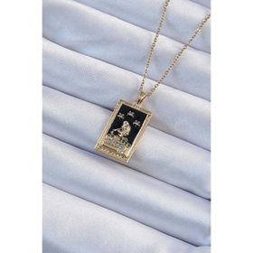 Clariss 316L Çelik Zincir Altın Renk Zirkon Taşlı Siyah Mineli Kız Figürlü Tarot Kolye