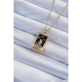 Clariss 316L Çelik Zincir Altın Renk Zirkon Taşlı Siyah Mineli Kız Figürlü Tarot Kolye