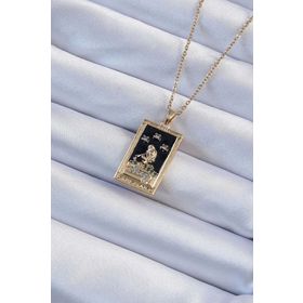 Clariss 316L Çelik Zincir Altın Renk Zirkon Taşlı Siyah Mineli Kız Figürlü Tarot Kolye