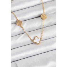 Clariss 316L Çelik Zincir Gold Renk Beyaz ve Zirkon Taşlı Yonca Kadın Kolye
