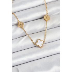 Clariss 316L Çelik Zincir Gold Renk Beyaz ve Zirkon Taşlı Yonca Kadın Kolye