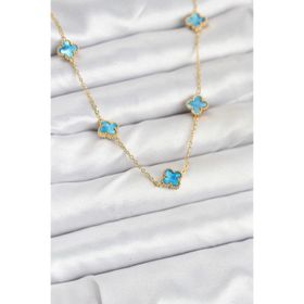 Clariss 316L Çelik Zincir Gold Renk Buz Mavisi Baby Boy Yonca Kadın Kolye
