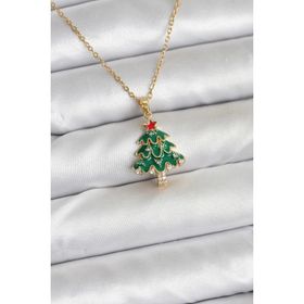 Clariss 316L Çelik Zincir Gold Renk Çam Ağacı Model Yılbaşı Temalı Kadın Kolye