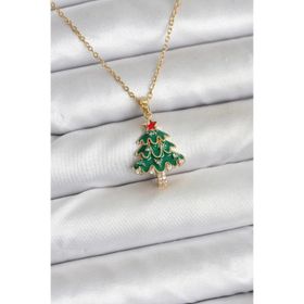 Clariss 316L Çelik Zincir Gold Renk Çam Ağacı Model Yılbaşı Temalı Kadın Kolye