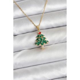 Clariss 316L Çelik Zincir Gold Renk Çam Ağacı Model Yılbaşı Temalı Kadın Kolye