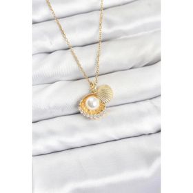 Clariss 316L Çelik Zincir Gold Renk İncili Deniz Kabuğu Model Zirkon Taşlı Kadın Kolye
