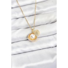 Clariss 316L Çelik Zincir Gold Renk İncili Deniz Kabuğu Model Zirkon Taşlı Kadın Kolye