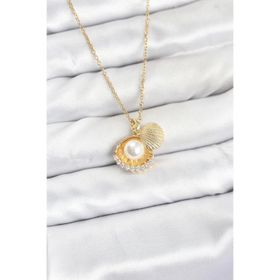 Clariss 316L Çelik Zincir Gold Renk İncili Deniz Kabuğu Model Zirkon Taşlı Kadın Kolye