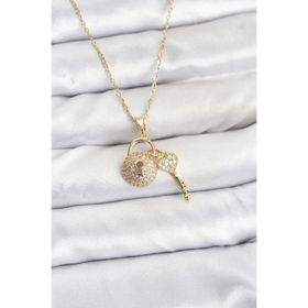 Clariss 316L Çelik Zincir Gold Renk Kilit Anahtar Model Zirkon Taşlı Kadın Kolye
