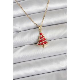 Clariss 316L Çelik Zincir Gold Renk Kırmızı Çam Ağacı Model Yılbaşı Temalı Kadın Kolye