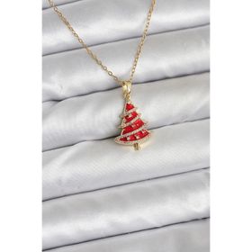 Clariss 316L Çelik Zincir Gold Renk Kırmızı Çam Ağacı Model Yılbaşı Temalı Kadın Kolye